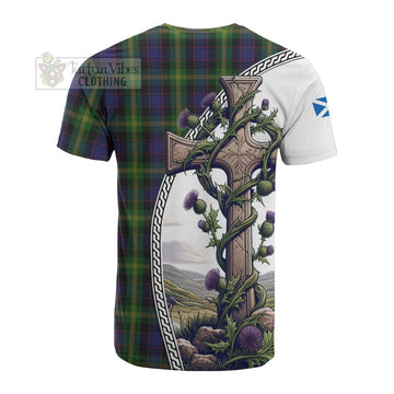 Watson Tartan Cotton T-shirt with Family Crest and St. Andrew's Cross Accented by Thistle Vines