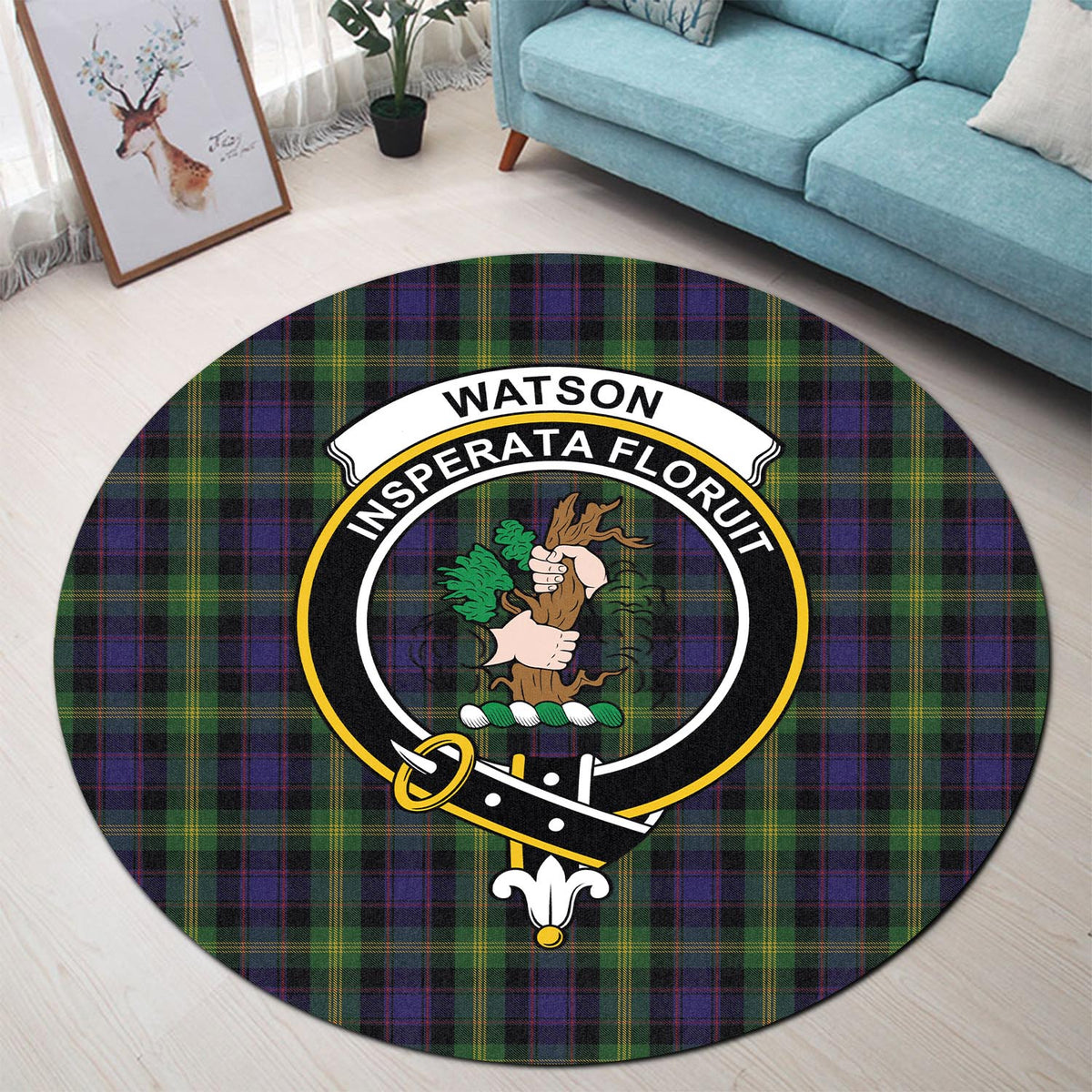 Watson Tartan Round Rug with Family Crest - Tartan Vibes Clothing