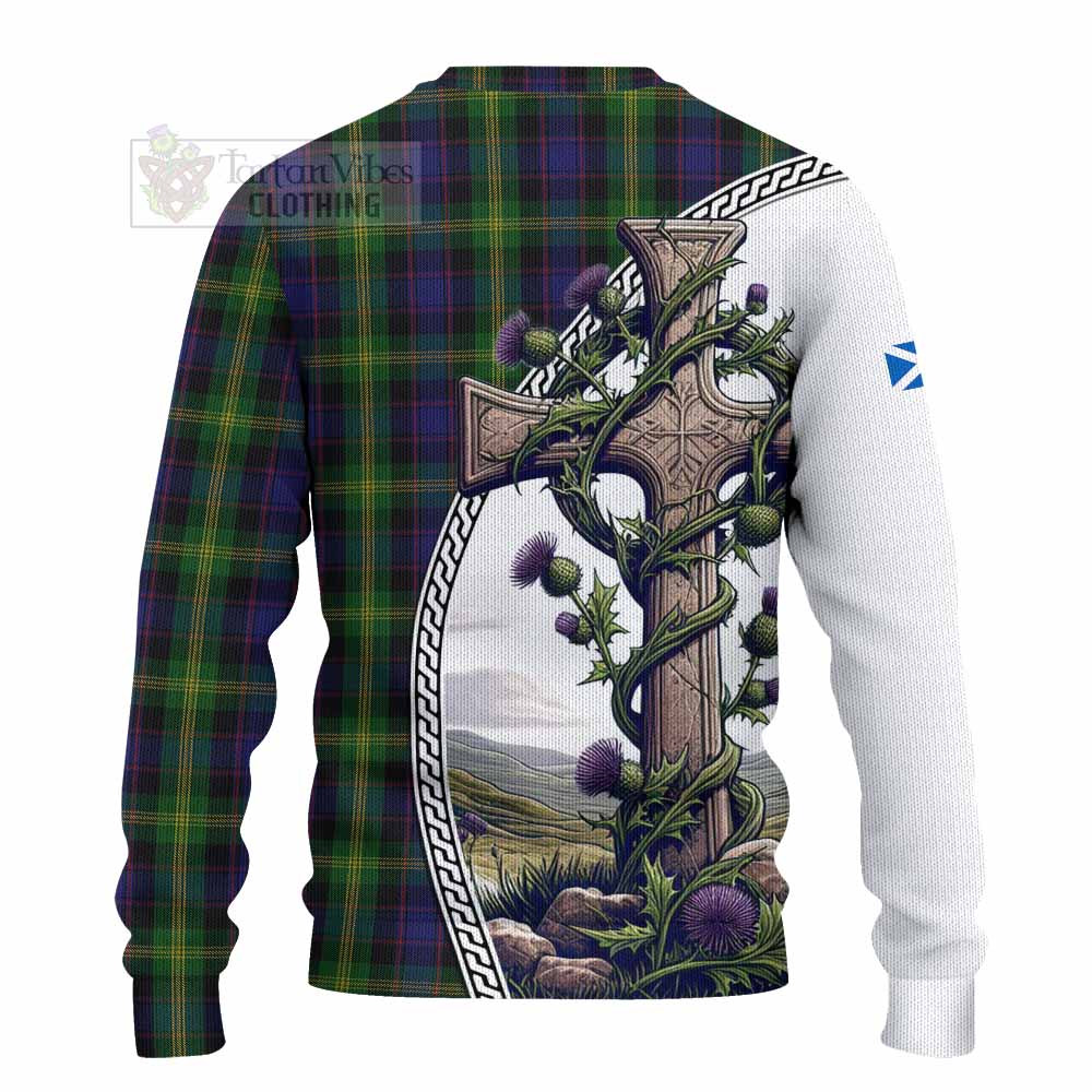 Tartan Vibes Clothing Watson Tartan Knitted Sweater with Family Crest and St. Andrew's Cross Accented by Thistle Vines