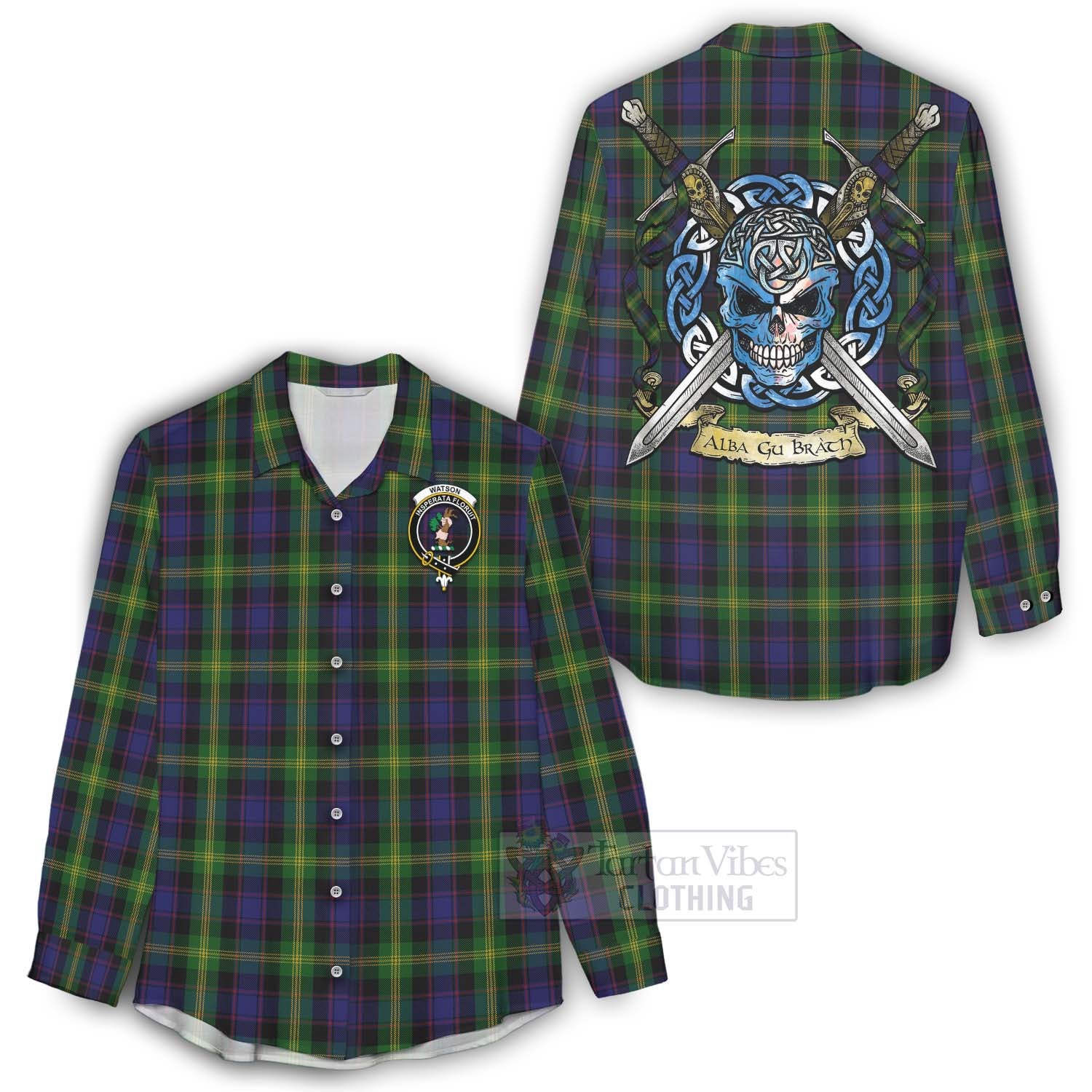 Tartan Vibes Clothing Watson Tartan Women's Casual Shirt with Family Crest Celtic Skull Style