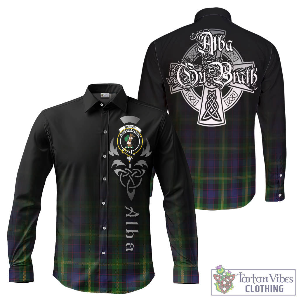 Tartan Vibes Clothing Watson Tartan Long Sleeve Button Up Featuring Alba Gu Brath Family Crest Celtic Inspired