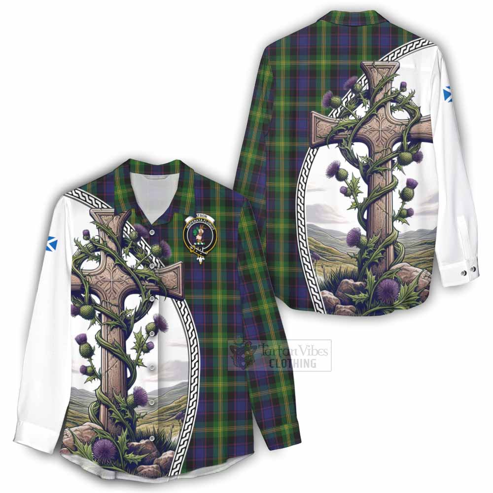 Tartan Vibes Clothing Watson Tartan Women's Casual Shirt with Family Crest and St. Andrew's Cross Accented by Thistle Vines