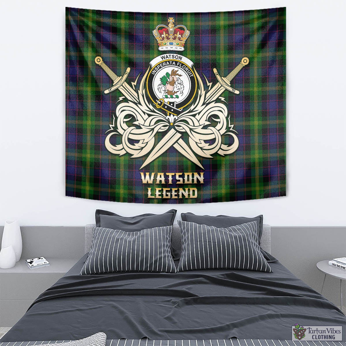 Tartan Vibes Clothing Watson Tartan Tapestry with Clan Crest and the Golden Sword of Courageous Legacy