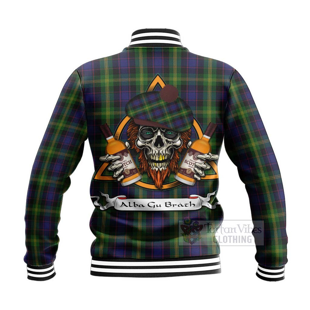 Tartan Vibes Clothing Watson Tartan Baseball Jacket with Family Crest and Bearded Skull Holding Bottles of Whiskey