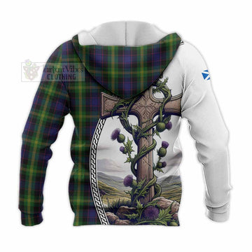 Watson Tartan Knitted Hoodie with Family Crest and St. Andrew's Cross Accented by Thistle Vines