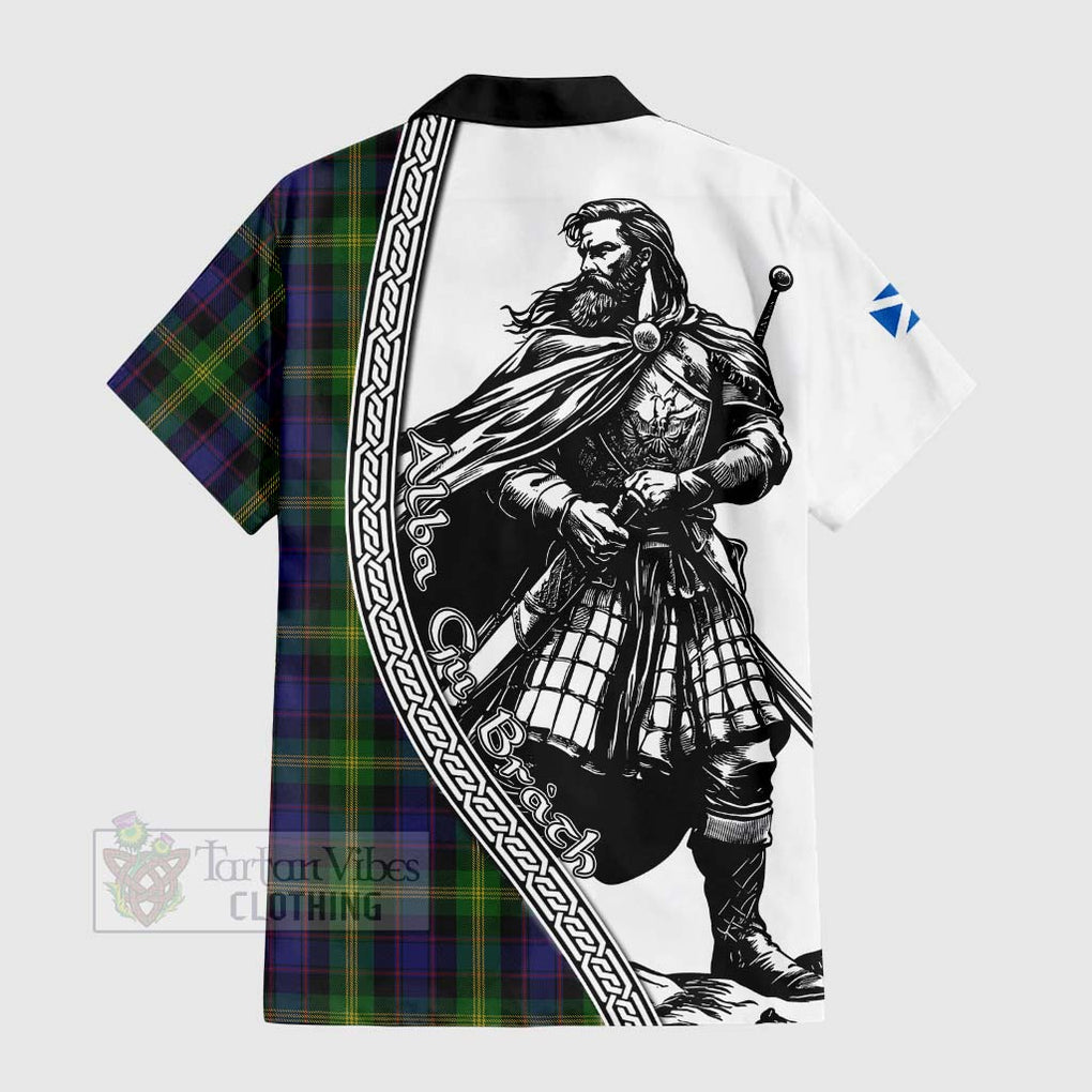 Tartan Vibes Clothing Watson Tartan Clan Crest Short Sleeve Button Shirt with Highlander Warrior Celtic Style