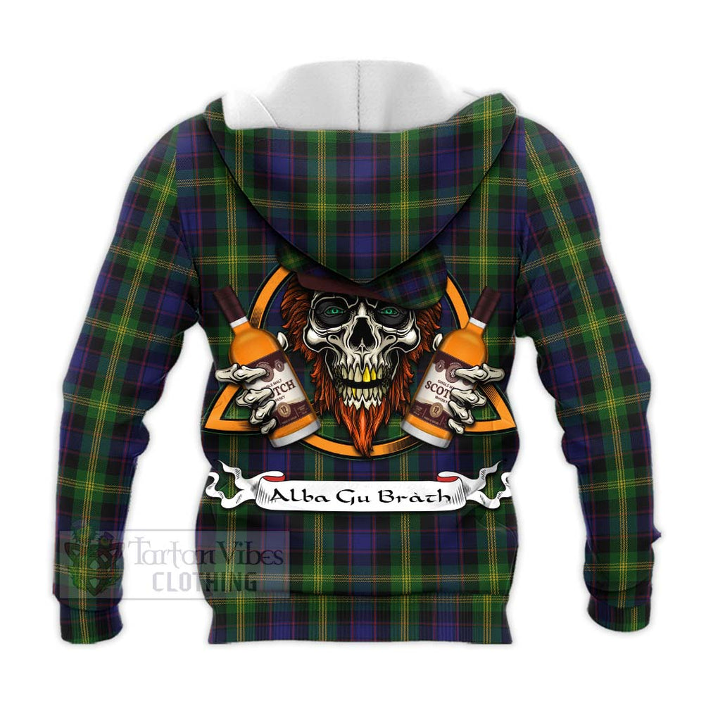 Tartan Vibes Clothing Watson Tartan Knitted Hoodie with Family Crest and Bearded Skull Holding Bottles of Whiskey