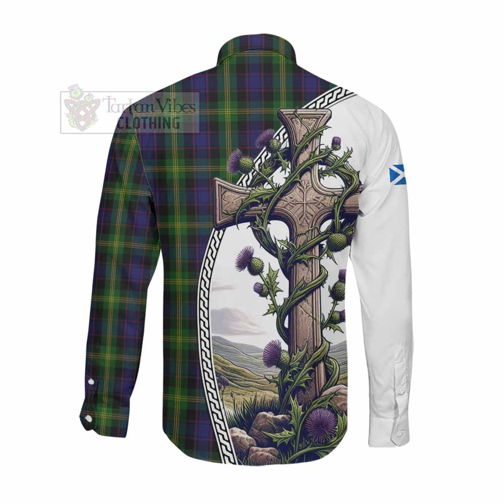 Tartan Vibes Clothing Watson Tartan Long Sleeve Button Shirt with Family Crest and St. Andrew's Cross Accented by Thistle Vines