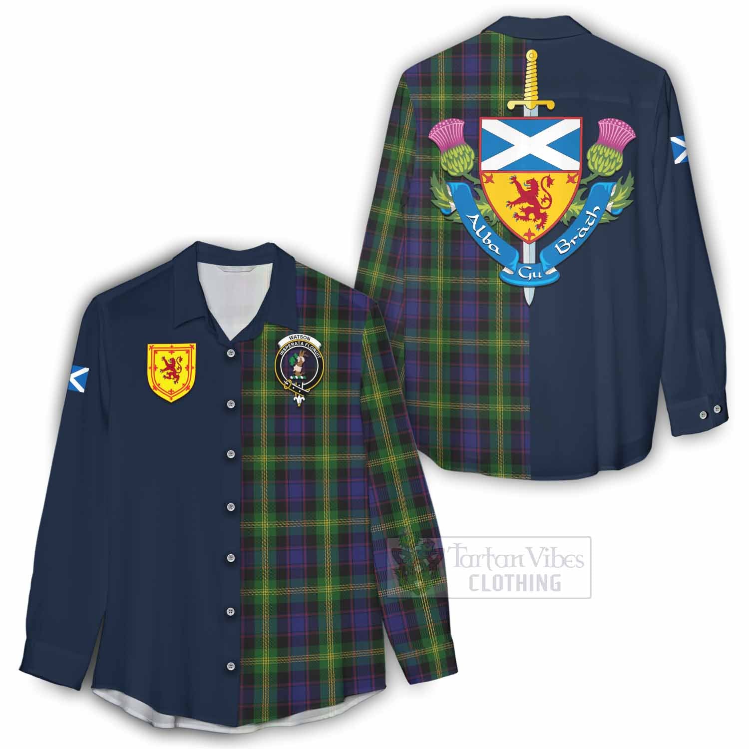 Tartan Vibes Clothing Watson Tartan Women's Casual Shirt Alba with Scottish Lion Royal Arm Half Style