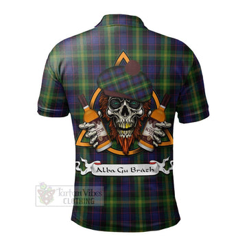 Watson Tartan Polo Shirt with Family Crest and Bearded Skull Holding Bottles of Whiskey