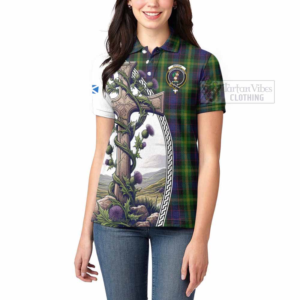 Tartan Vibes Clothing Watson Tartan Women's Polo Shirt with Family Crest and St. Andrew's Cross Accented by Thistle Vines