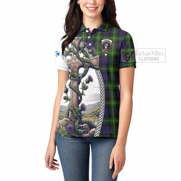 Watson Tartan Women's Polo Shirt with Family Crest and St. Andrew's Cross Accented by Thistle Vines