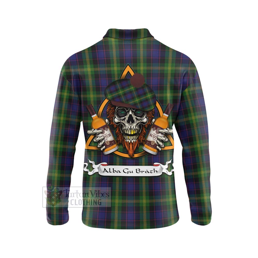 Tartan Vibes Clothing Watson Tartan Long Sleeve Polo Shirt with Family Crest and Bearded Skull Holding Bottles of Whiskey