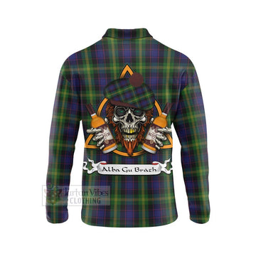 Watson Tartan Long Sleeve Polo Shirt with Family Crest and Bearded Skull Holding Bottles of Whiskey