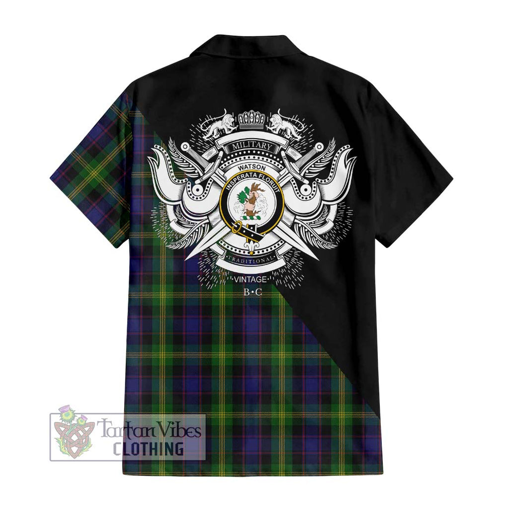 Watson Tartan Short Sleeve Button Shirt with Family Crest and Military Logo Style - Tartanvibesclothing Shop