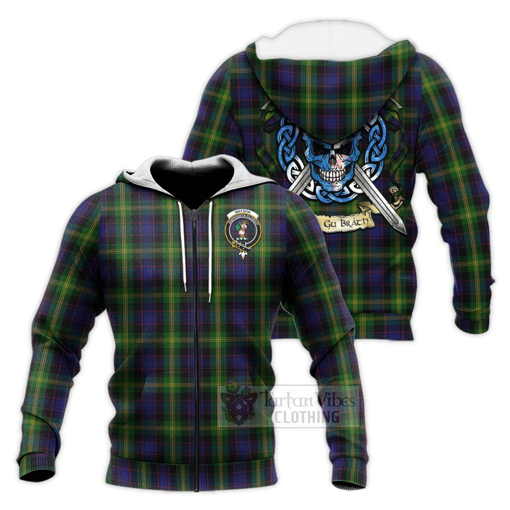 Tartan Vibes Clothing Watson Tartan Knitted Hoodie with Family Crest Celtic Skull Style