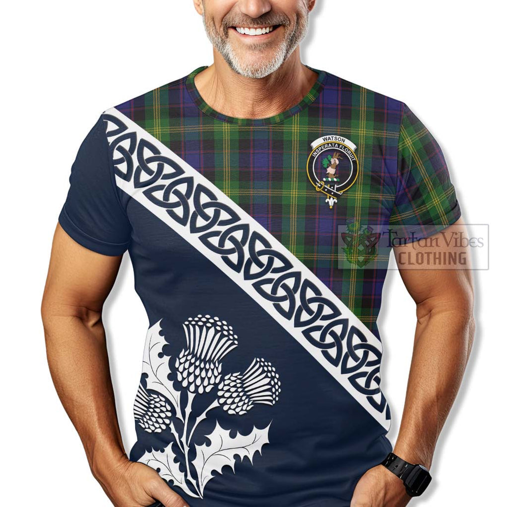 Watson Tartan T-Shirt Featuring Thistle and Scotland Map