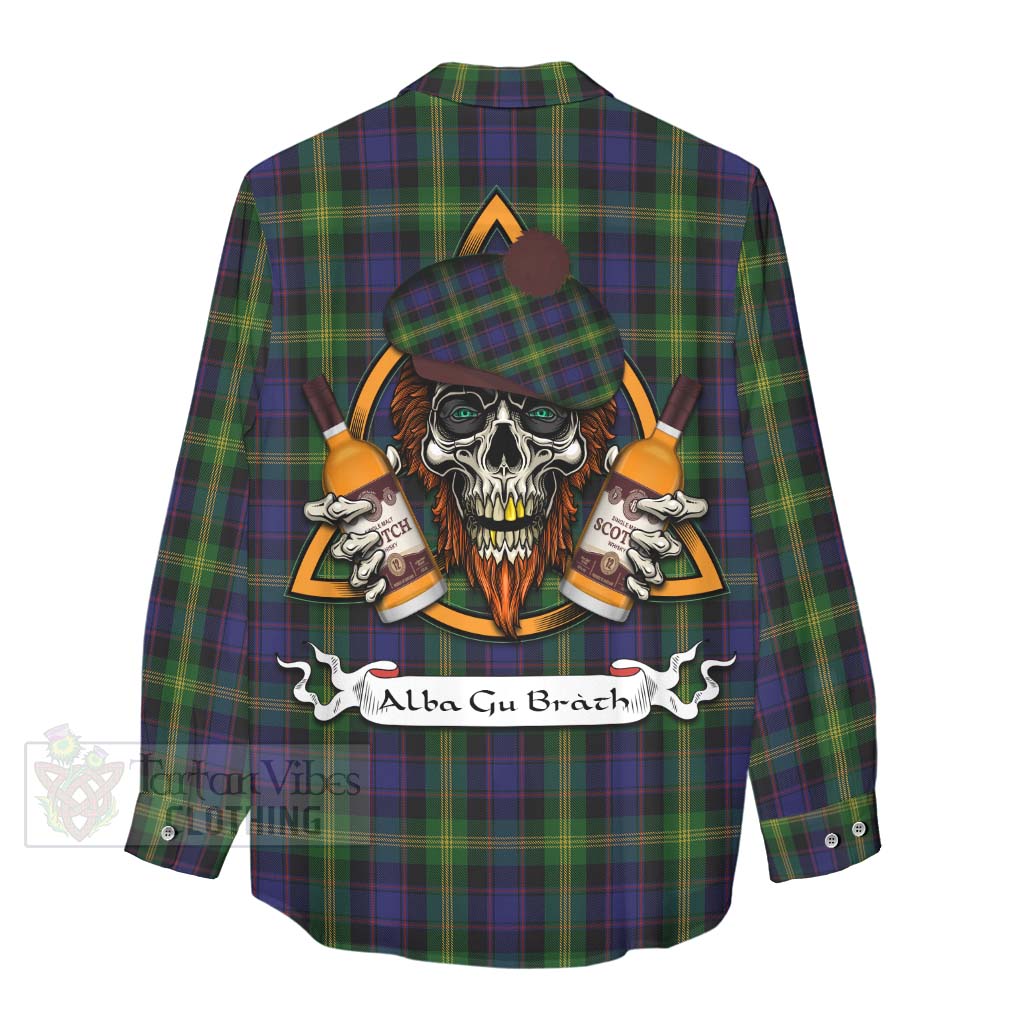 Tartan Vibes Clothing Watson Tartan Women's Casual Shirt with Family Crest and Bearded Skull Holding Bottles of Whiskey