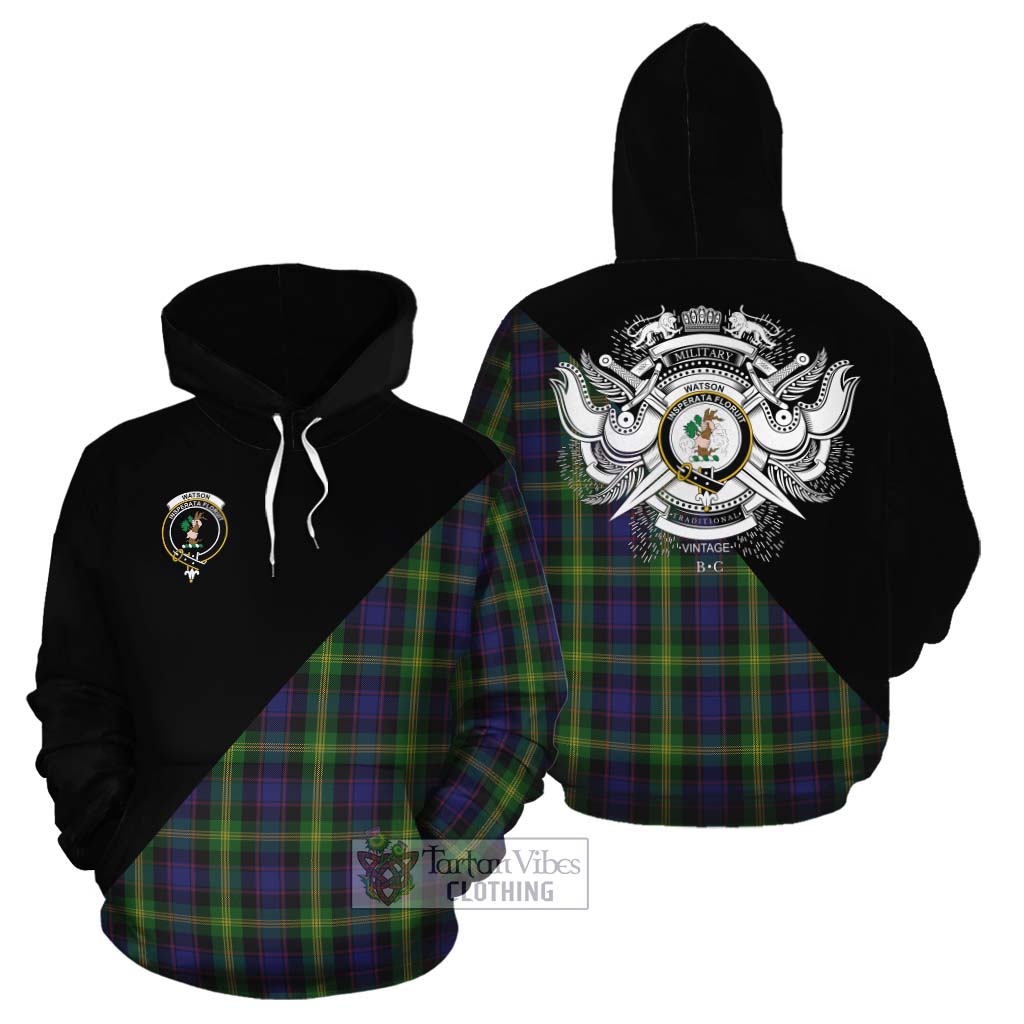 Tartan Vibes Clothing Watson Tartan Cotton Hoodie with Family Crest and Military Logo Style