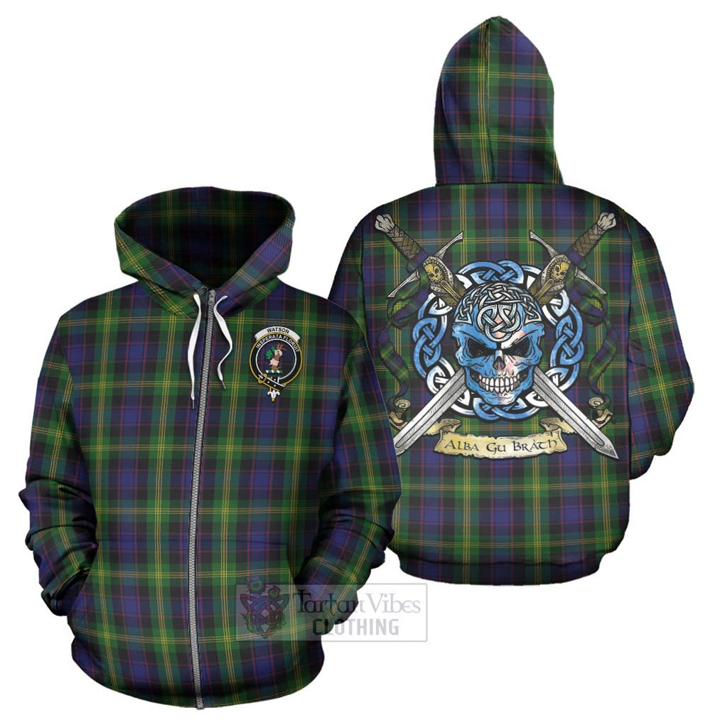 Tartan Vibes Clothing Watson Tartan Hoodie with Family Crest Celtic Skull Style