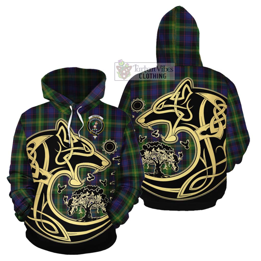 Tartan Vibes Clothing Watson Tartan Cotton Hoodie with Family Crest Celtic Wolf Style