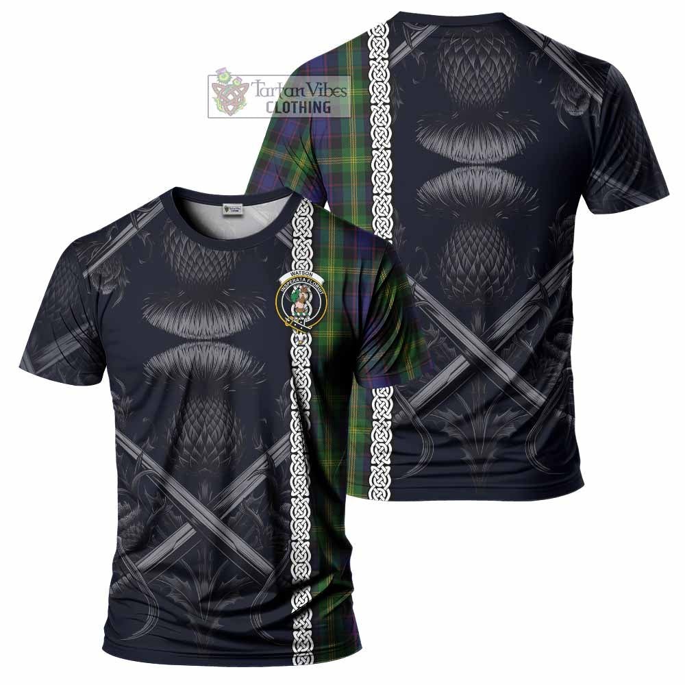 Tartan Vibes Clothing Watson Tartan T-Shirt with Family Crest Cross Sword Thistle Celtic Vibes