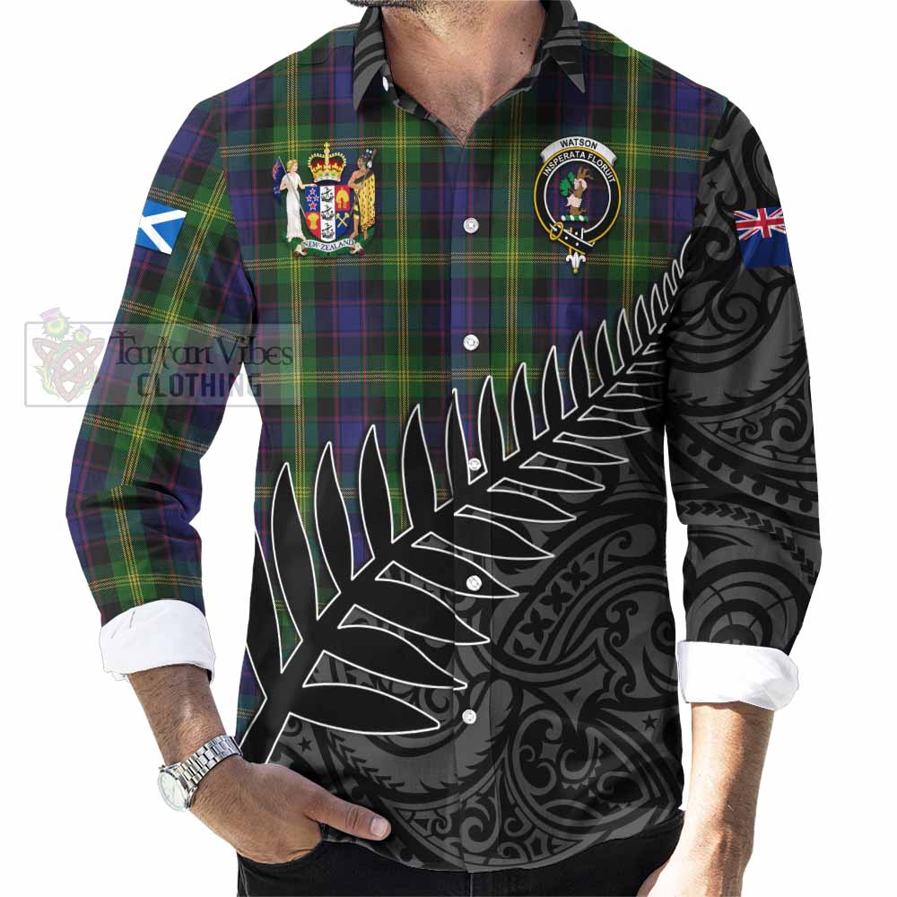 Tartan Vibes Clothing Watson Crest Tartan Long Sleeve Button Shirt with New Zealand Silver Fern Half Style