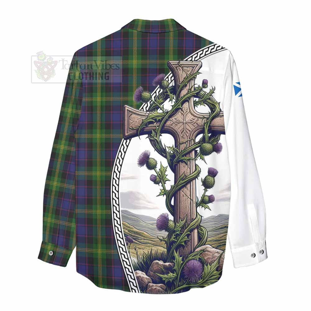 Tartan Vibes Clothing Watson Tartan Women's Casual Shirt with Family Crest and St. Andrew's Cross Accented by Thistle Vines