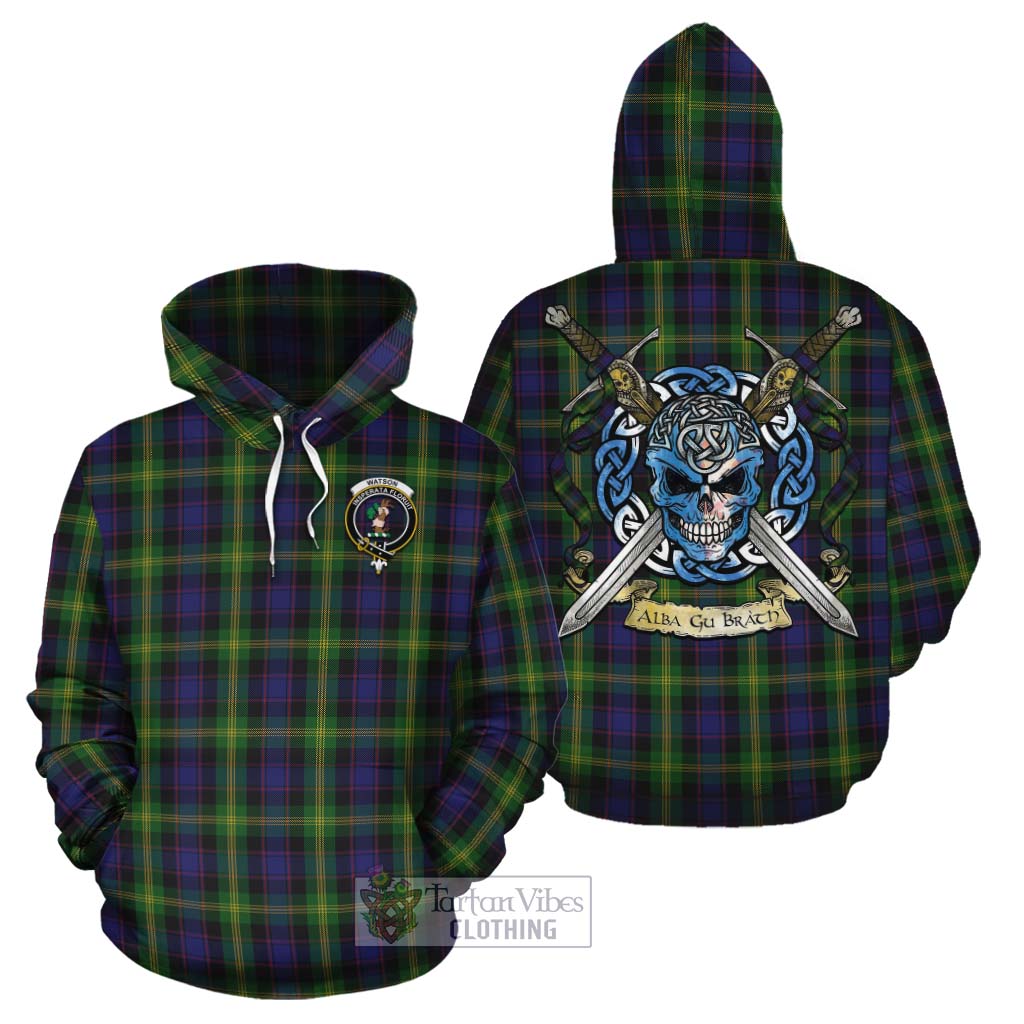 Tartan Vibes Clothing Watson Tartan Cotton Hoodie with Family Crest Celtic Skull Style