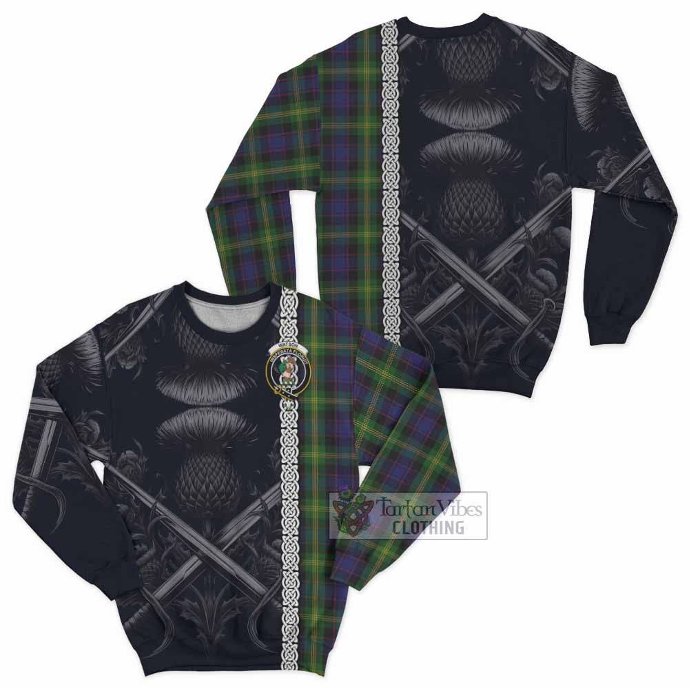 Tartan Vibes Clothing Watson Tartan Sweatshirt with Family Crest Cross Sword Thistle Celtic Vibes