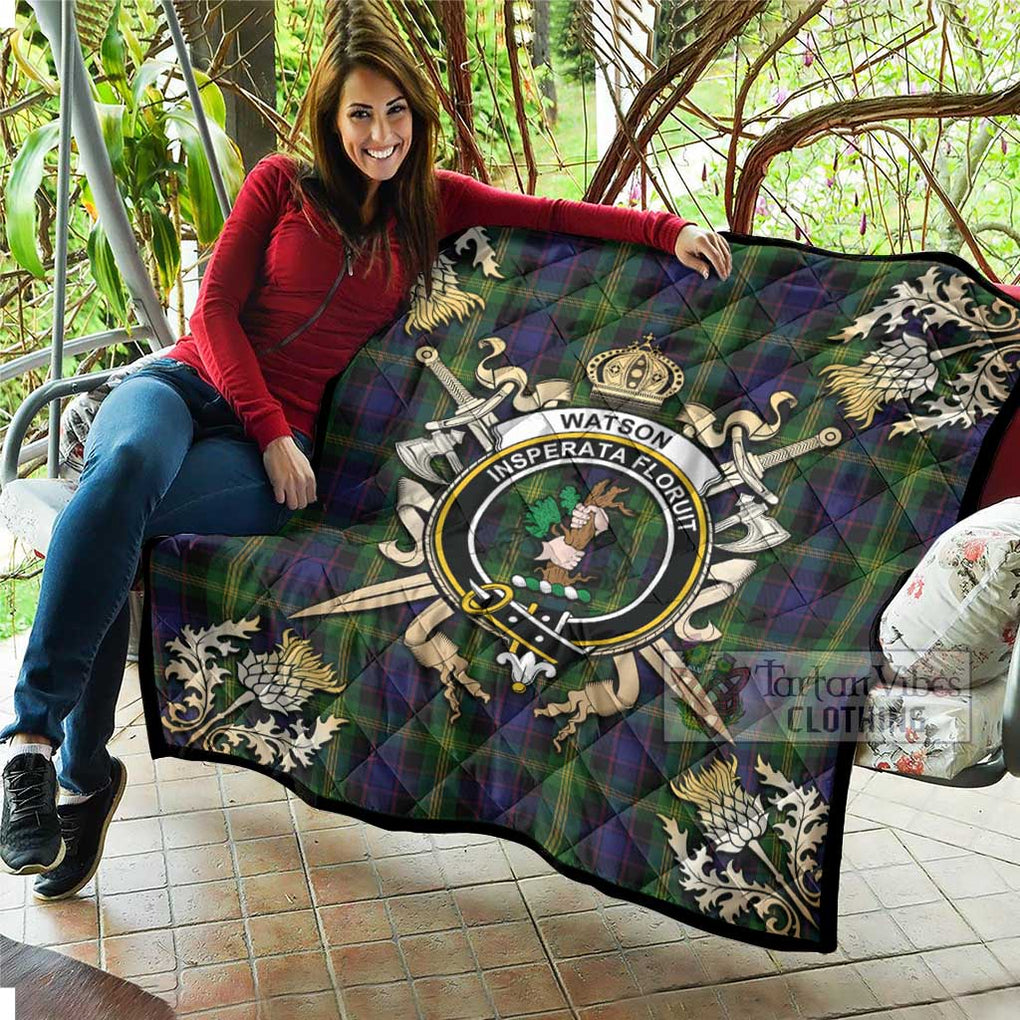 Tartan Vibes Clothing Watson Tartan Quilt with Family Crest and Scottish Golden Courage Shield