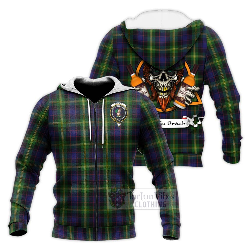 Tartan Vibes Clothing Watson Tartan Knitted Hoodie with Family Crest and Bearded Skull Holding Bottles of Whiskey