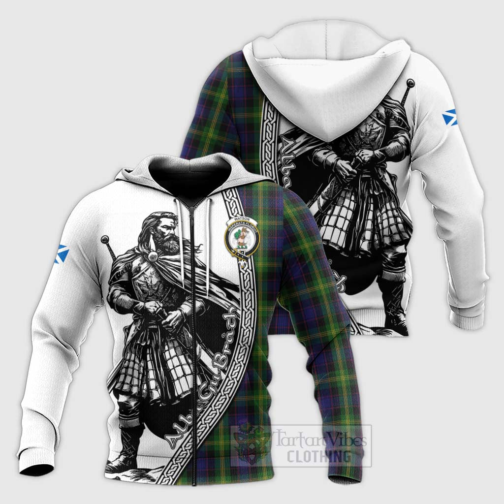 Tartan Vibes Clothing Watson Tartan Clan Crest Knitted Hoodie with Highlander Warrior Celtic Style