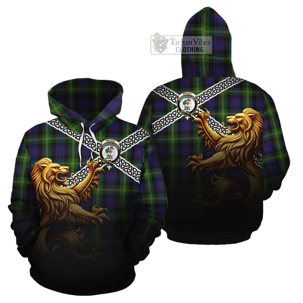 Watson Crest Tartan Cotton Hoodie with Golden Lion Emblem Celtic Style - Tartan Vibes Clothing