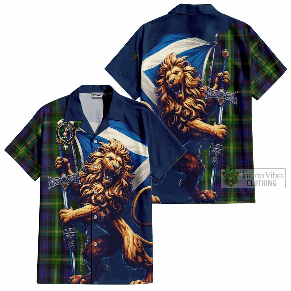 Tartan Vibes Clothing Watson Tartan Family Crest Short Sleeve Button Shirt with Scottish Majestic Lion