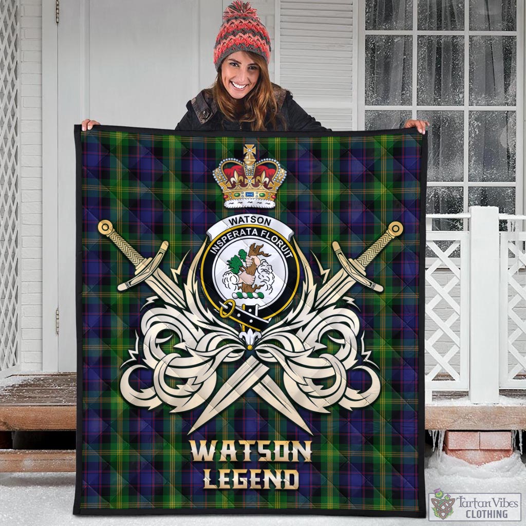 Tartan Vibes Clothing Watson Tartan Quilt with Clan Crest and the Golden Sword of Courageous Legacy