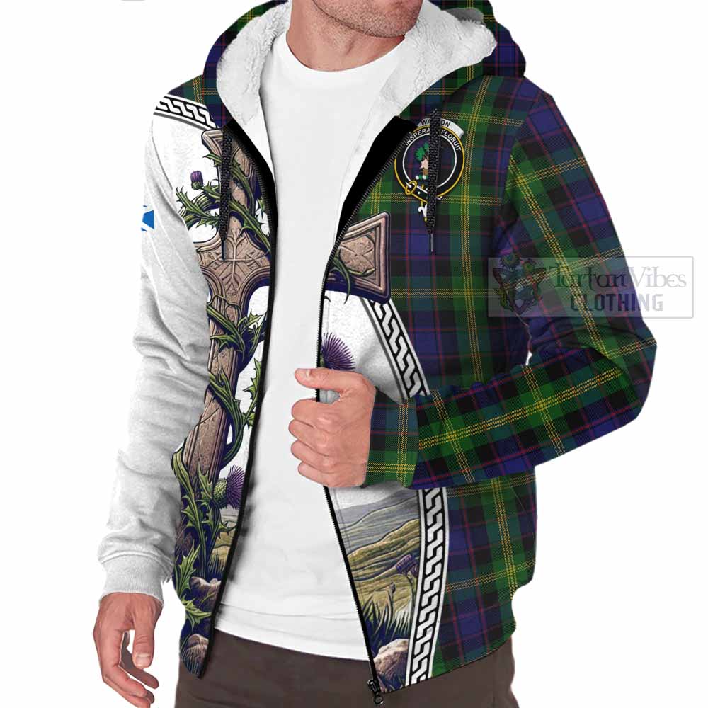 Tartan Vibes Clothing Watson Tartan Sherpa Hoodie with Family Crest and St. Andrew's Cross Accented by Thistle Vines