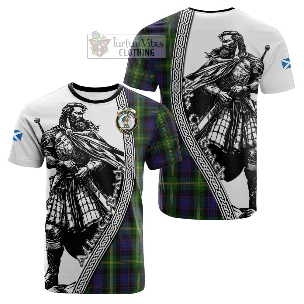 Watson Tartan Clan Crest Cotton T-shirt with Highlander Warrior Celtic Style