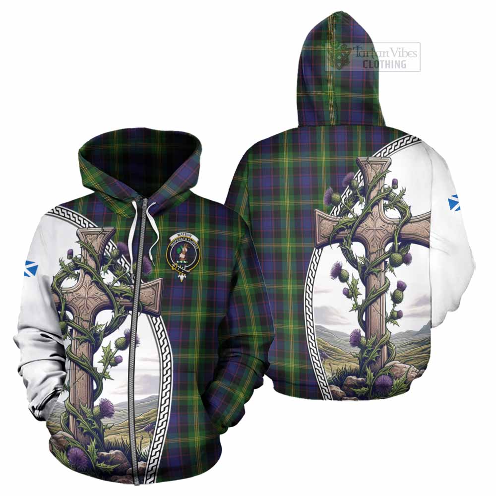 Tartan Vibes Clothing Watson Tartan Hoodie with Family Crest and St. Andrew's Cross Accented by Thistle Vines