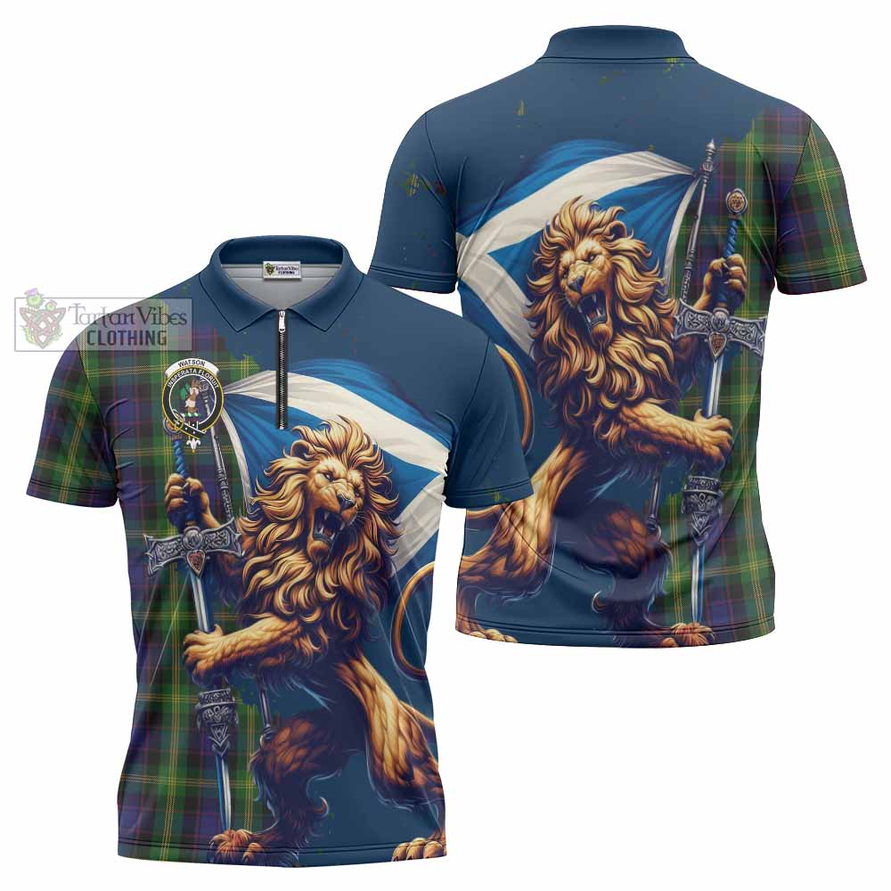 Tartan Vibes Clothing Watson Tartan Family Crest Zipper Polo Shirt with Scottish Majestic Lion