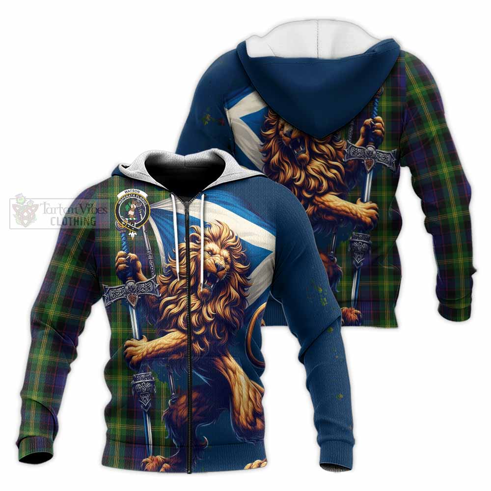 Tartan Vibes Clothing Watson Tartan Family Crest Knitted Hoodie with Scottish Majestic Lion