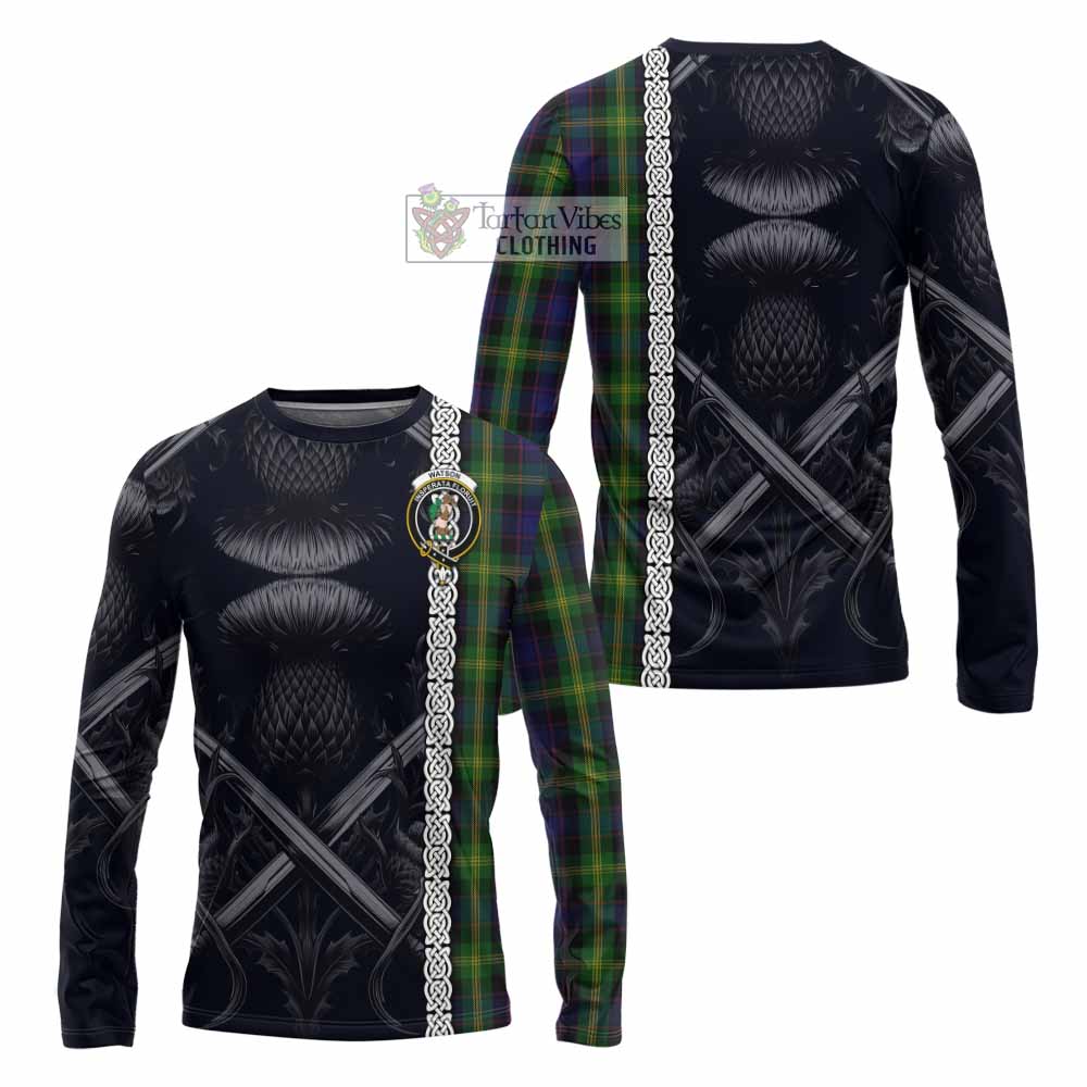 Tartan Vibes Clothing Watson Tartan Long Sleeve T-Shirt with Family Crest Cross Sword Thistle Celtic Vibes