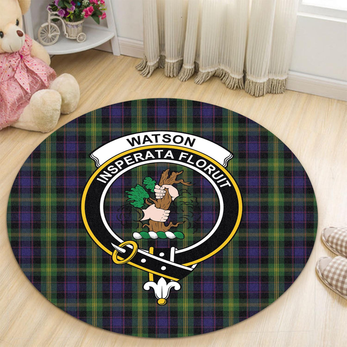 Watson Tartan Round Rug with Family Crest - Tartan Vibes Clothing