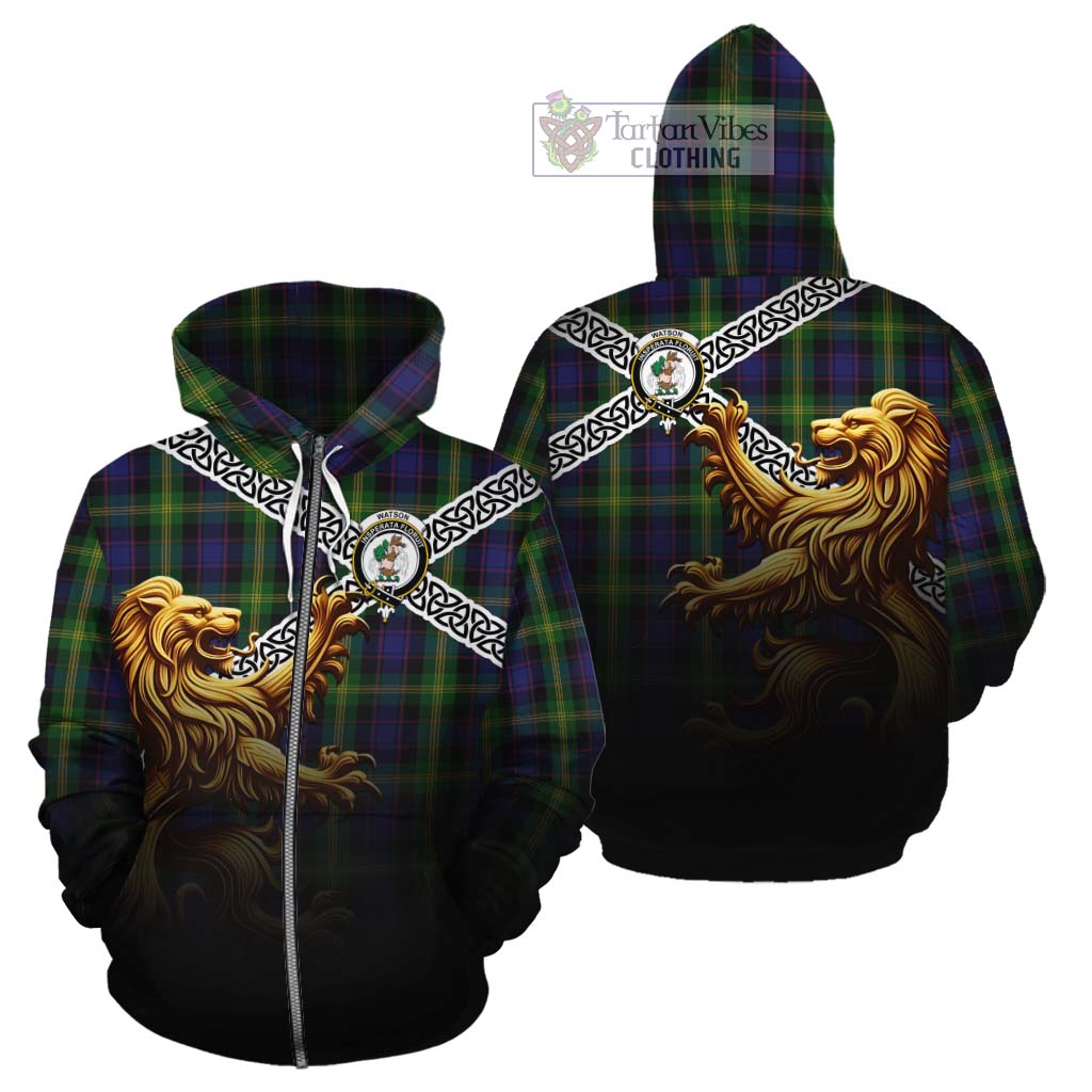Watson Crest Tartan Cotton Hoodie with Golden Lion Emblem Celtic Style Zip Hoodie - Tartan Vibes Clothing