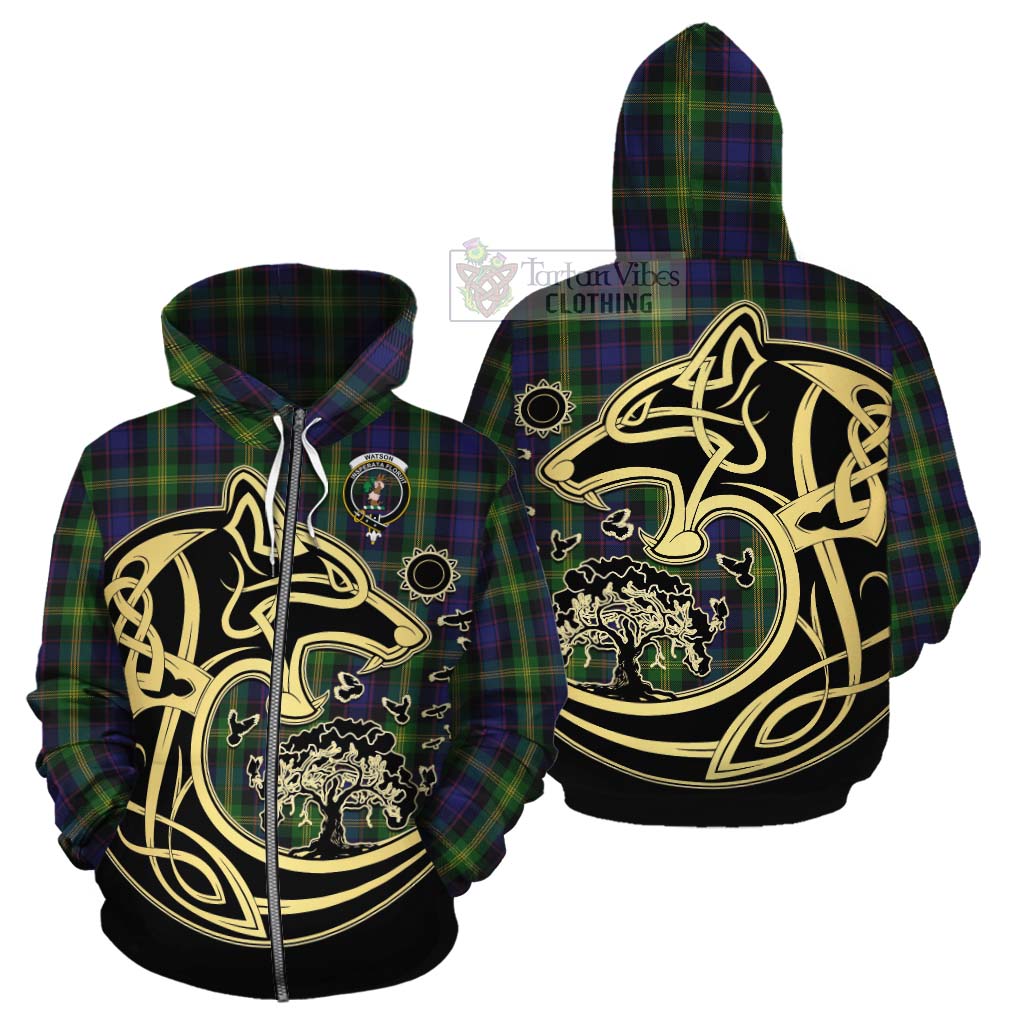 Tartan Vibes Clothing Watson Tartan Cotton Hoodie with Family Crest Celtic Wolf Style