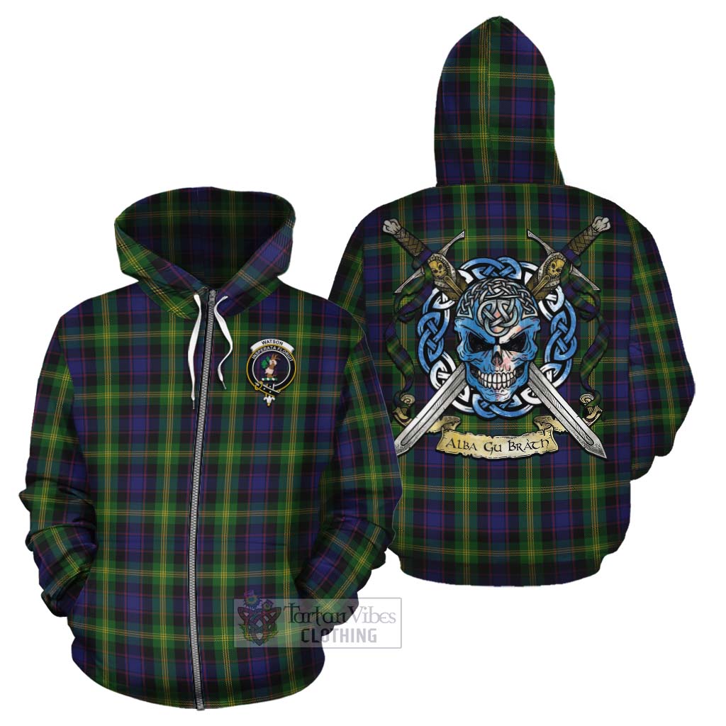 Tartan Vibes Clothing Watson Tartan Cotton Hoodie with Family Crest Celtic Skull Style