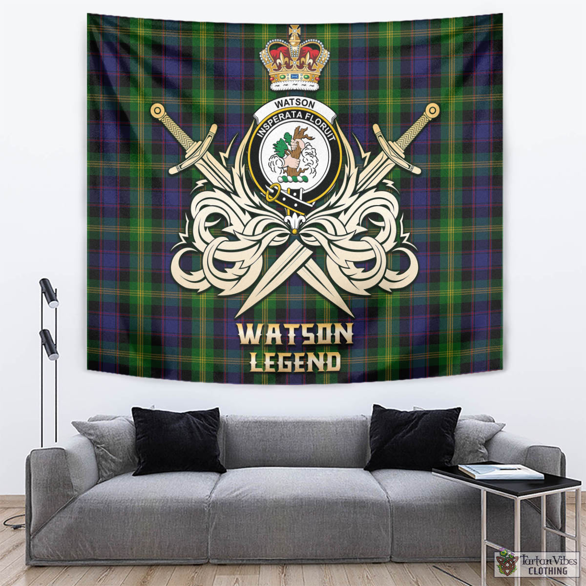 Tartan Vibes Clothing Watson Tartan Tapestry with Clan Crest and the Golden Sword of Courageous Legacy