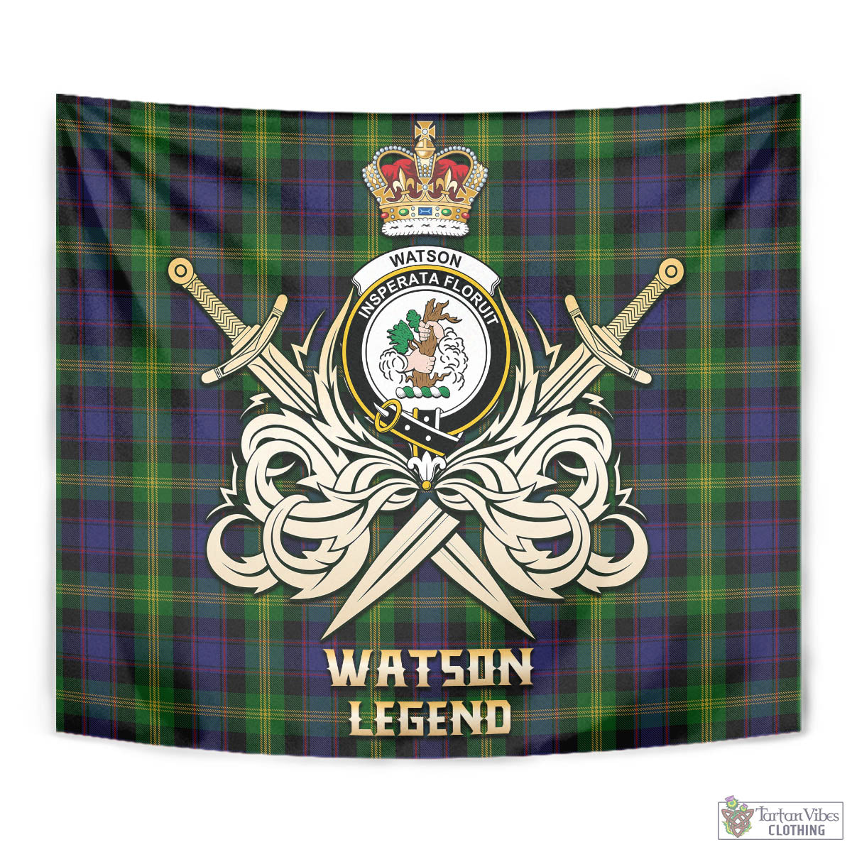 Tartan Vibes Clothing Watson Tartan Tapestry with Clan Crest and the Golden Sword of Courageous Legacy