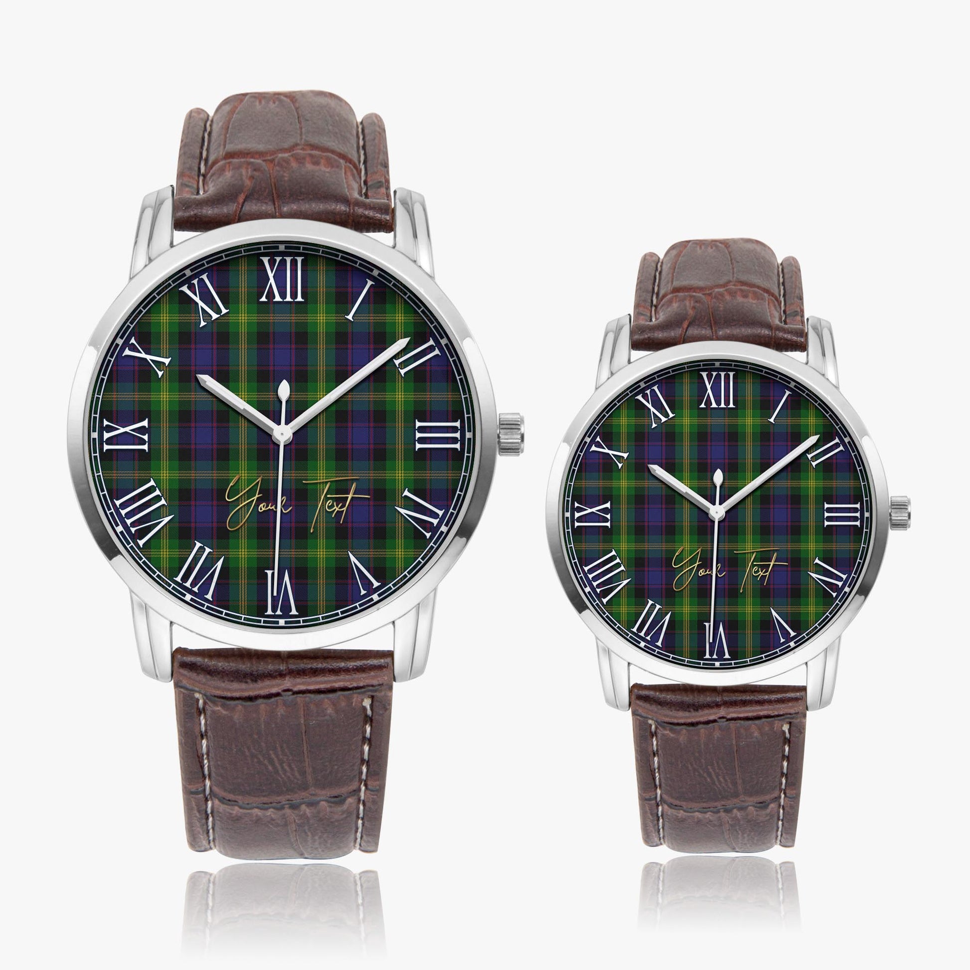 Watson Tartan Personalized Your Text Leather Trap Quartz Watch Wide Type Silver Case With Brown Leather Strap - Tartanvibesclothing Shop