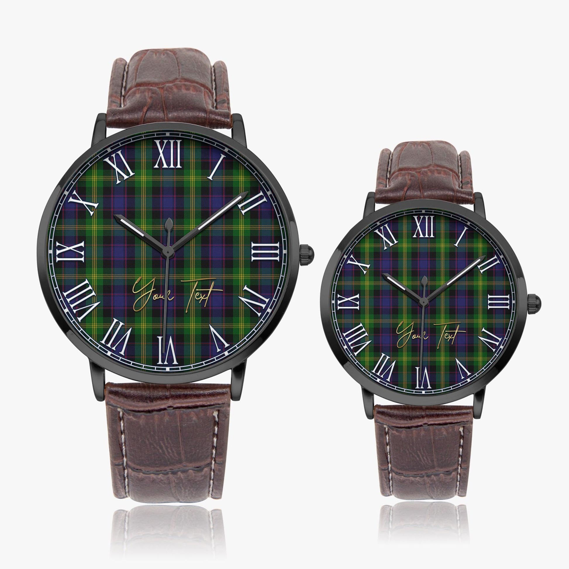 Watson Tartan Personalized Your Text Leather Trap Quartz Watch Ultra Thin Black Case With Brown Leather Strap - Tartanvibesclothing Shop